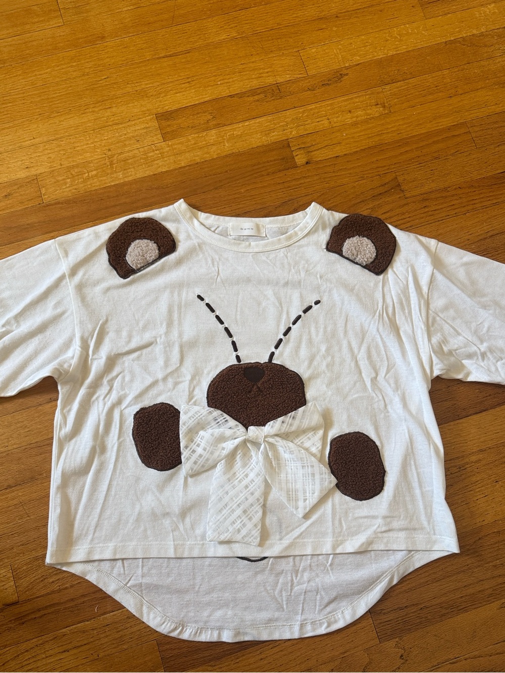 Adult White Tee with Brown Bear Face Ears Tail Appliqué and Bow Like New Kawaii